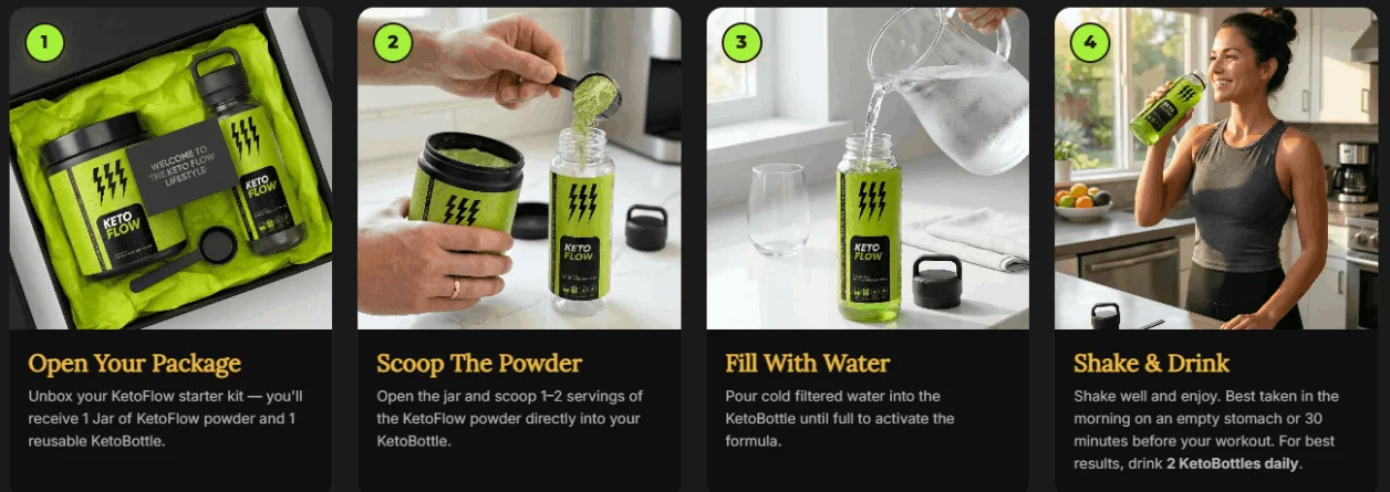 How to use KetoFlow - scoop mix and drink keto powder in cold water daily morning routine